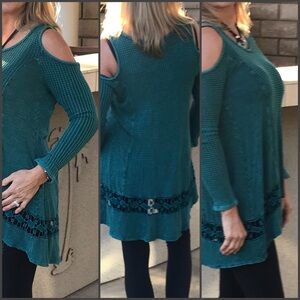 Infinity Raine Teal Knit Cold Shoulder Tunic